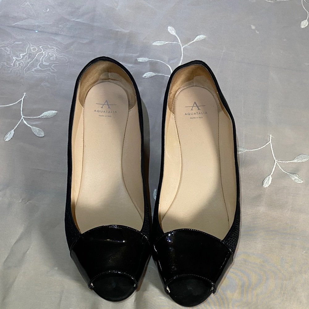Aquatalia Woman Black brillant Patent Peep Toe Flats Size 9 elegant Italy